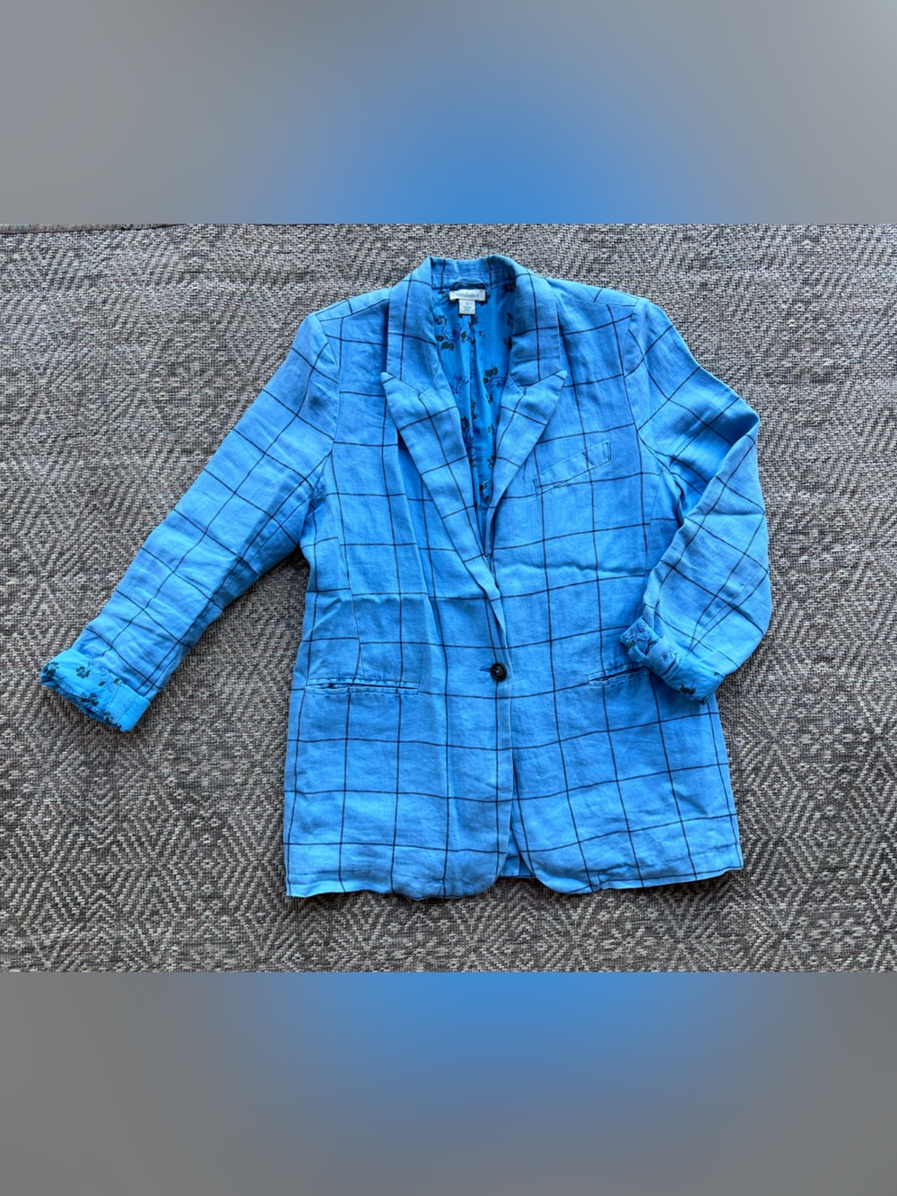 Sundance Linen Windowpane Blazer‎ Women's Small Blue One Button Jacket Boho